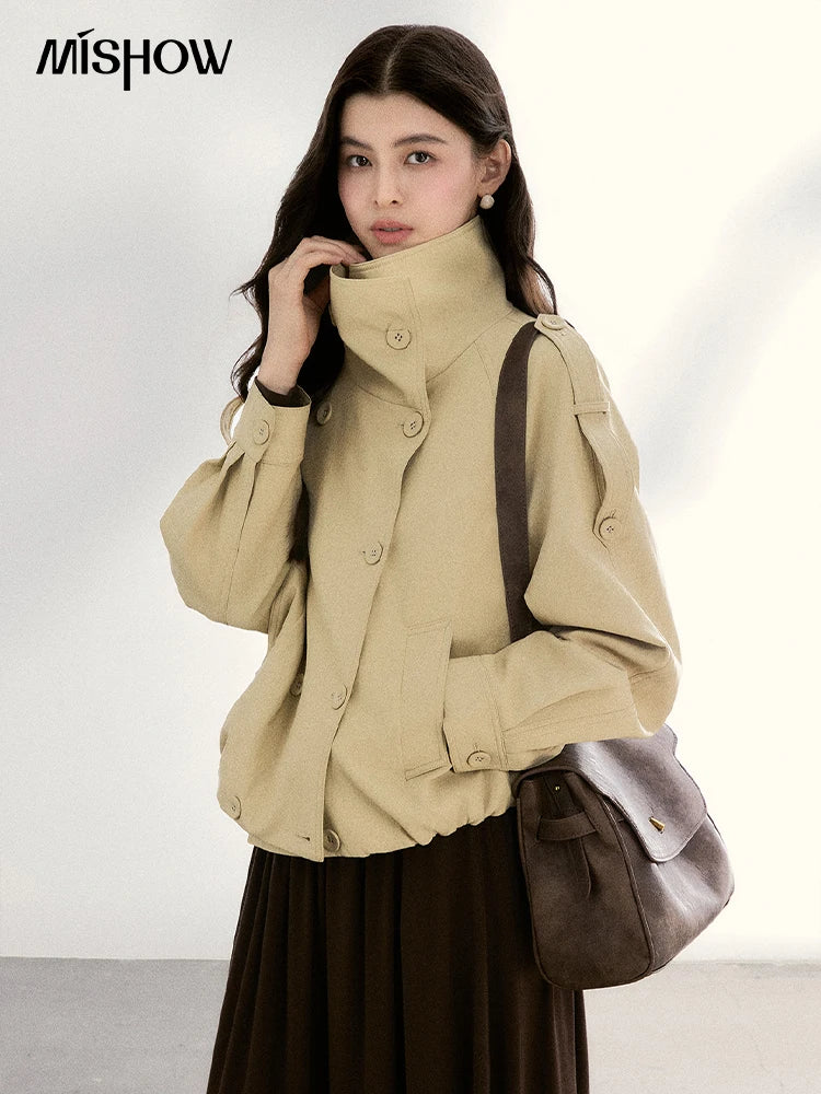 MISHOW Khaki Cropped Leather Jacket Lapel Stand Collar MXF108W1000