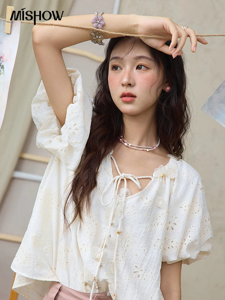 MISHOW Embroidery Jacquard Shirt V-Neck Lace Up Puff Sleeve MXE35X1790