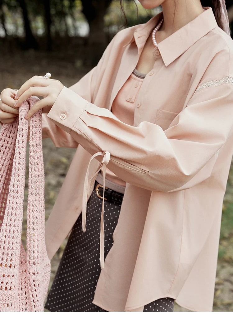 MISHOW Pink Long Sleeve Shirt Lace Bow Tie MXE16C0767