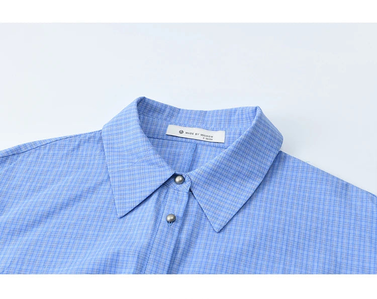 MISHOW Blue Plaid Cotton Shirt Bow Tie Waist Dropped Sleeve MXE44C2395