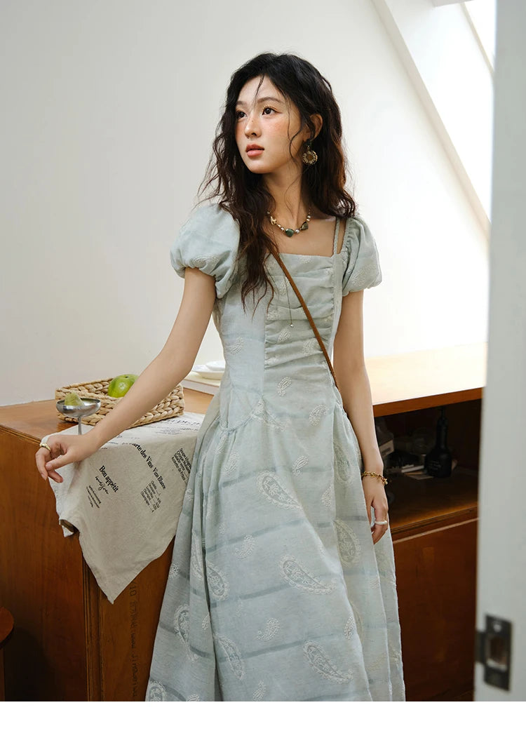 Mishow Paisley Embroidery Square Neck Puff Sleeve Dress MXE34L2265