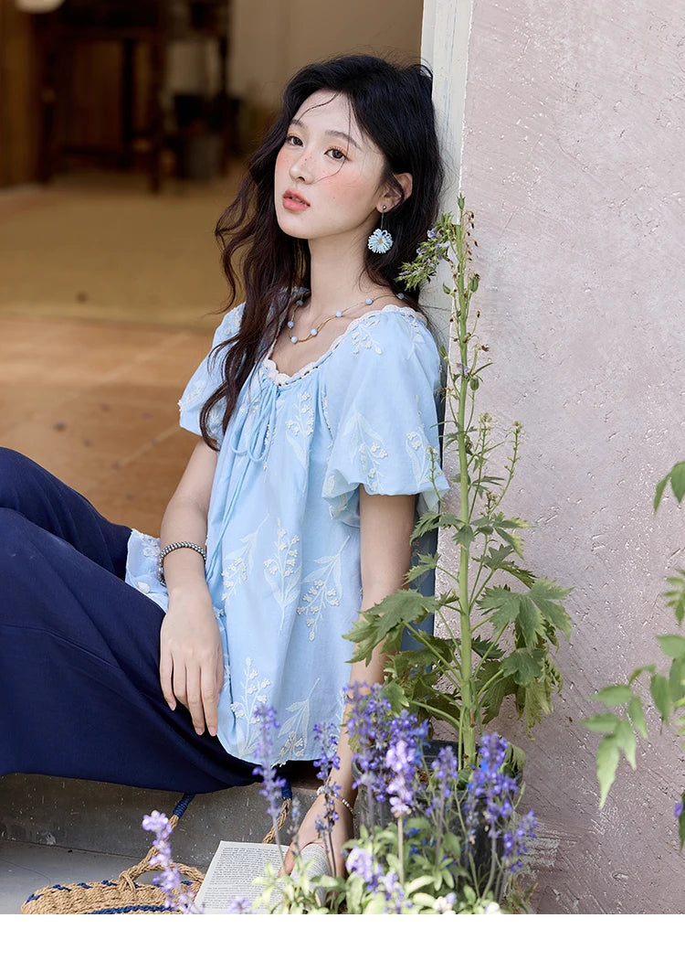 MISHOW Blue Cotton Embroidered Blouse Wave Edged O-Neck MXE35X1791