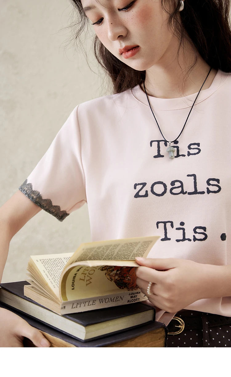 Mishow Pink Letter Print Lace Trim Tee MXE32T0529