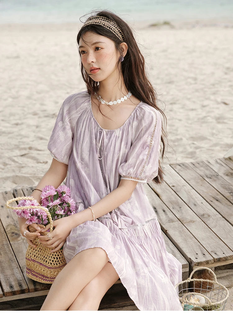 Mishow Print U-Neck Lace Hollow Chiffon Dress MXE32L2164