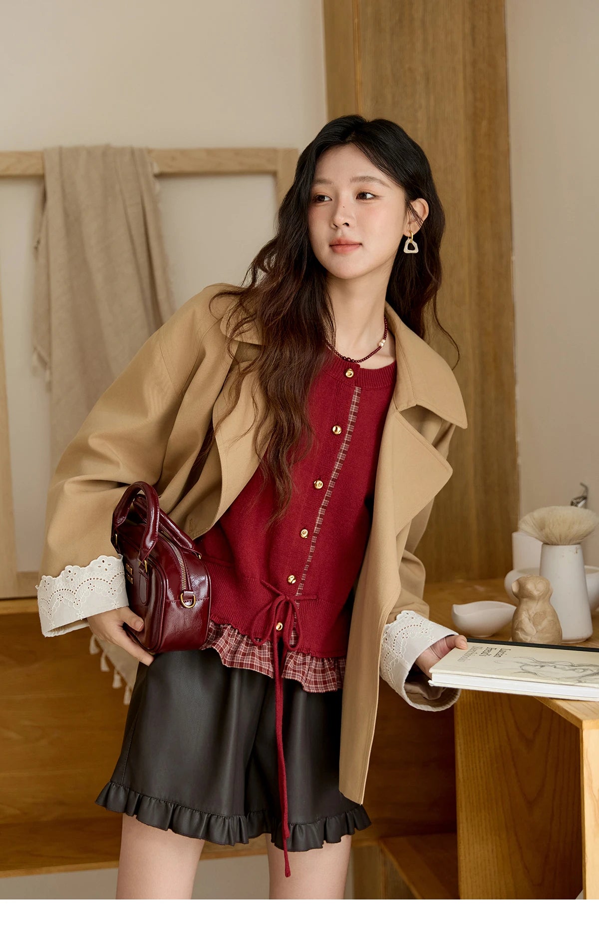 Mishow Red Fake Two-Piece Plaid Patchwork Cardigan MXE45Z2483