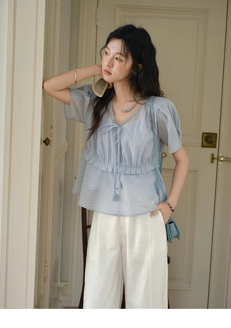 MISHOW V-Neck Blouse Splicing Button Lace Up Short Sleeve MXE34X1821