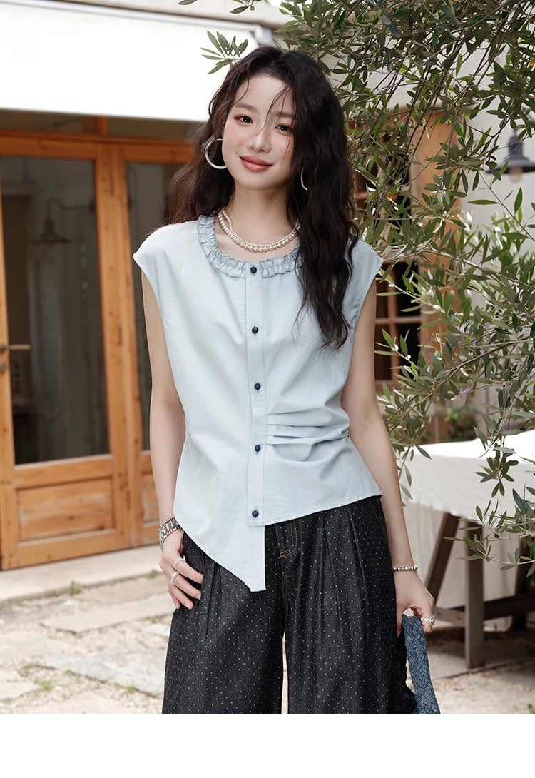 MISHOW Round Neck Sleeveless Shirt Button Front MXE38X1864