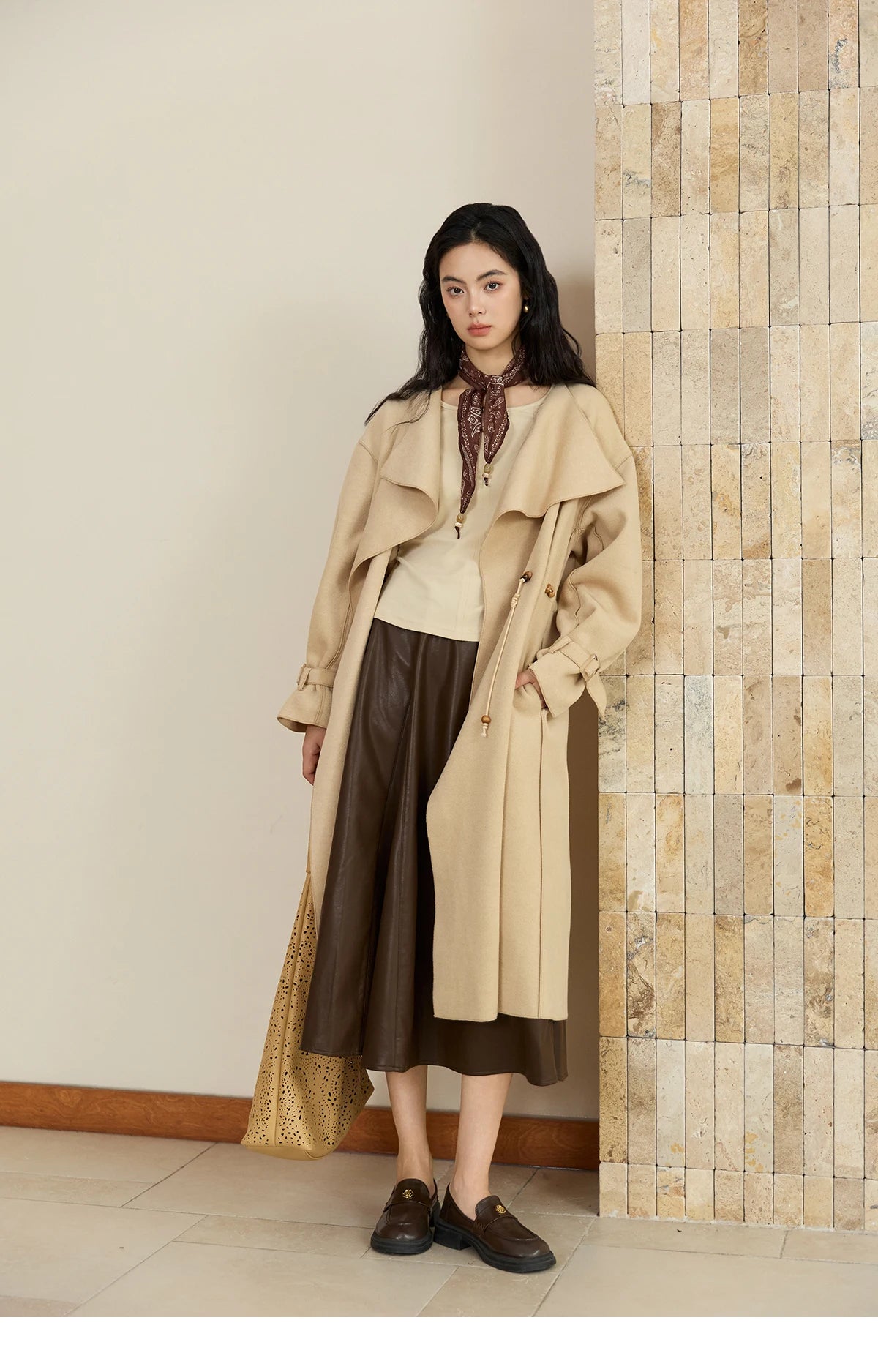 Mishow Drawstring Waist Large Lapel Mid-Length Woolen Coat MXE45W0841