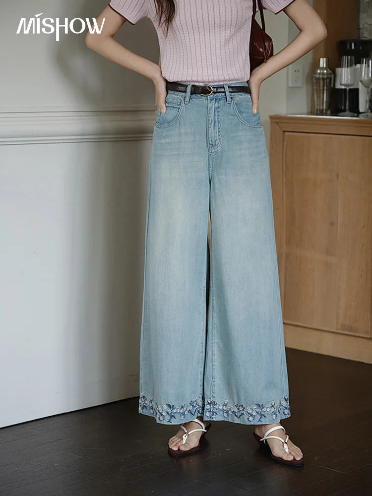 Mishow Flower Embroidery High Waist Wide Leg Jeans MXE37K0991
