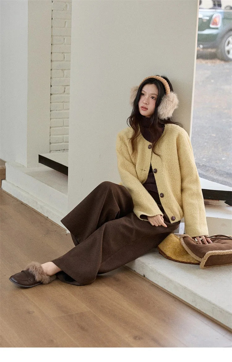 MISHOW Brown Wool Quilted Coat Round Neck Short Loose MXE87W0935