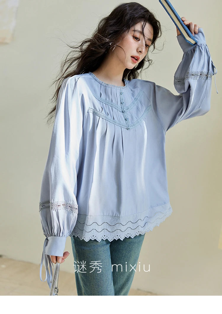 MISHOW Blue Lace Patchwork Shirt Wave Edge Lantern Sleeve MXE14X1716