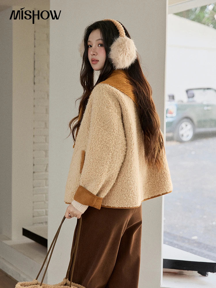 Mishow Lamb Wool Jacket with Color Block Knitted Shawl MXE91W0969