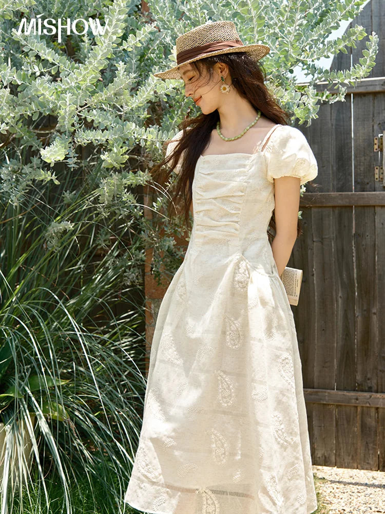 Mishow Paisley Embroidery Square Neck Puff Sleeve Dress MXE34L2265