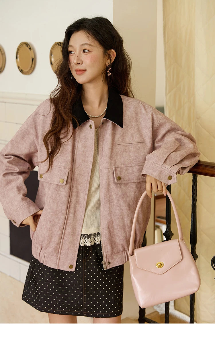 MISHOW Pink Purple Collision Lapel Jacket Suede Metal Zipper Elastic Hem MXE46W0865