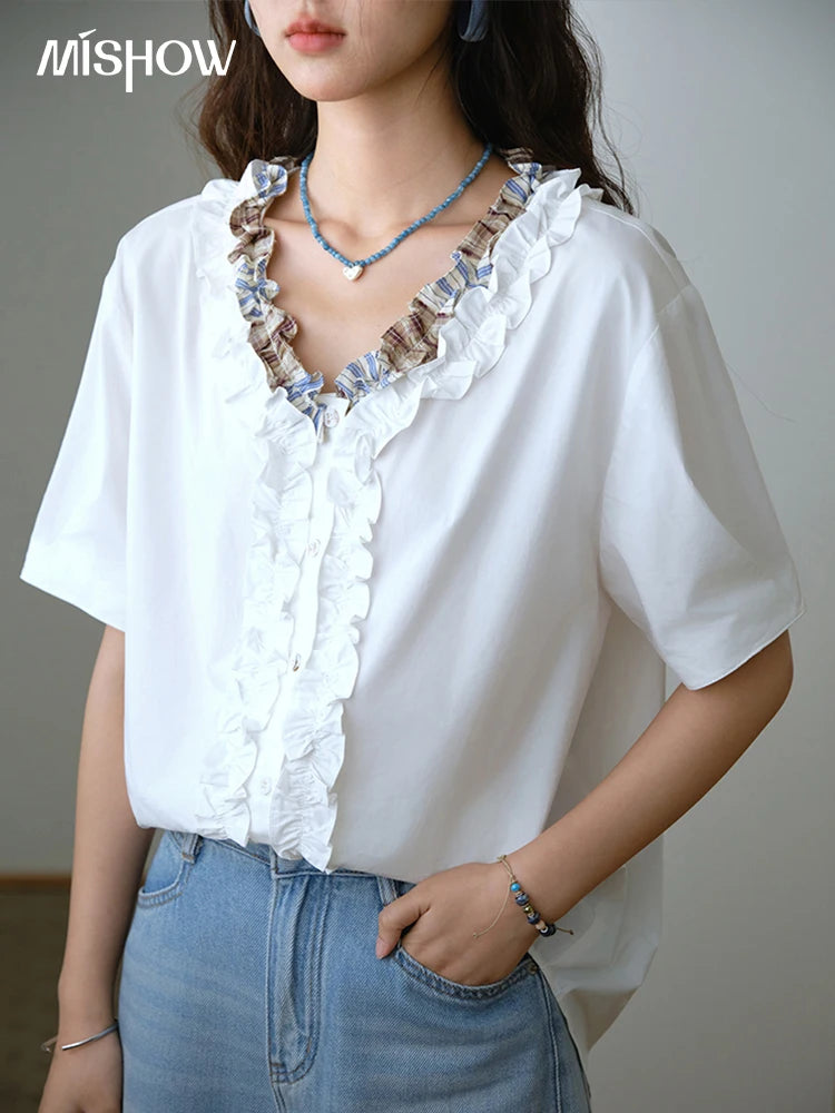 MISHOW V-Neck Shirt Patchwork Double Layer Fungus Edge Button MXE35X1793