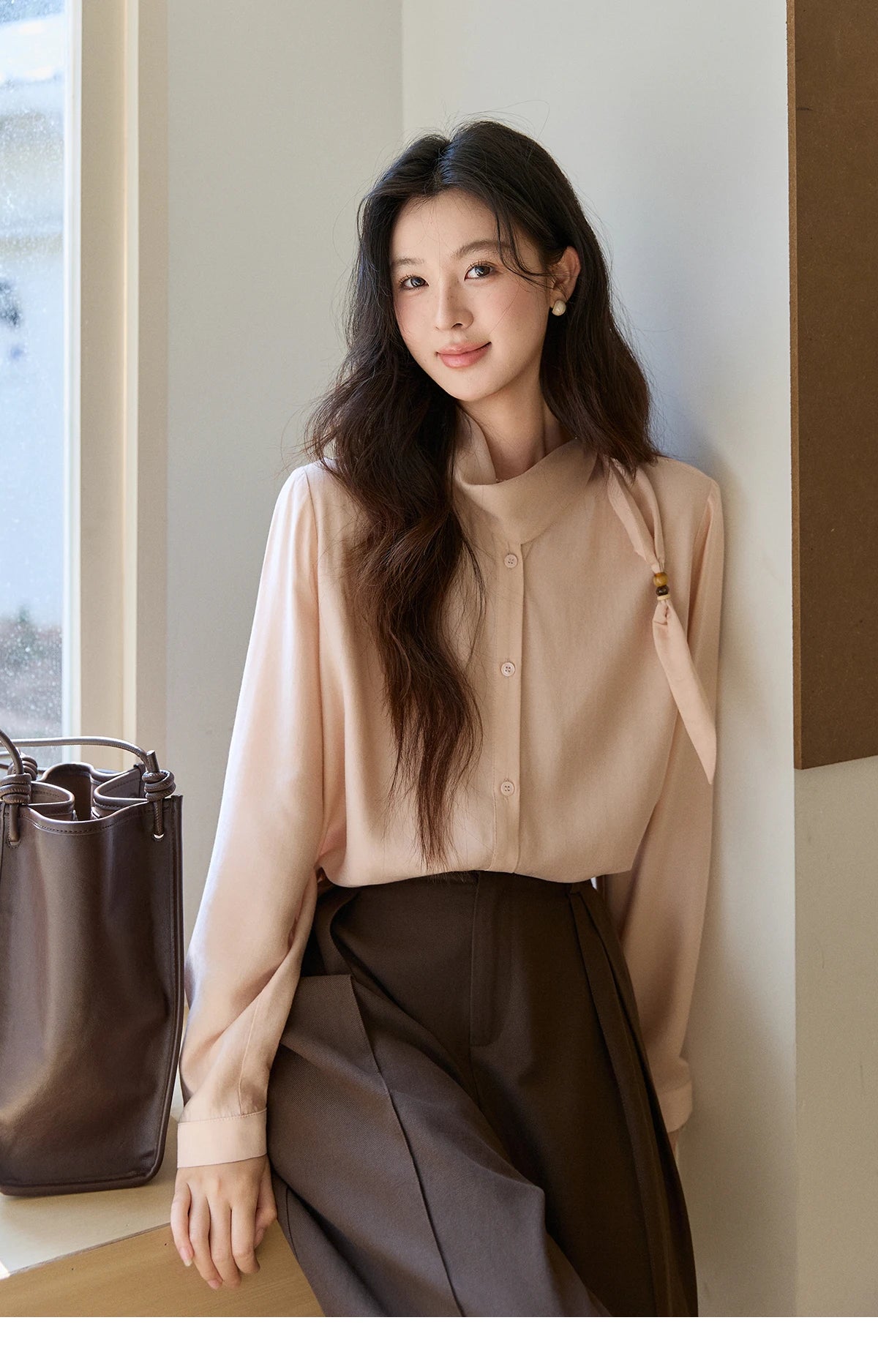 MISHOW Nude Pink Ribbon Stand Neck Shirt Button-Down MXE11X2547