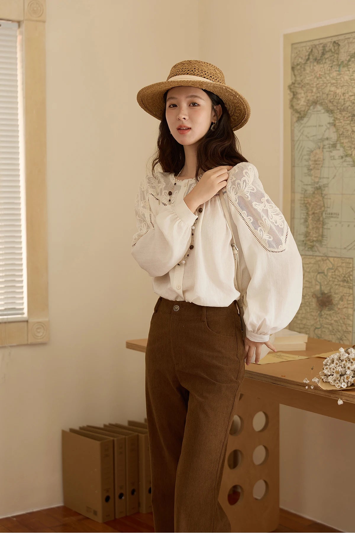 MISHOW Beige Hollow Out Embroidery Shirt O-Neck MXE44X2498