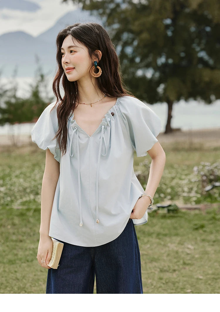 MISHOW V-Neck Puff Sleeve Blouse Beaded Retro Top MXE33X1757