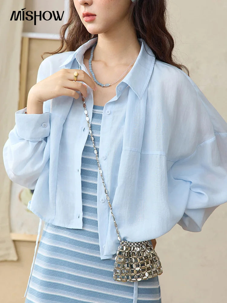 Mishow Blue Striped Camisole Dress & Lyocell Shirt Set MXE34L2285