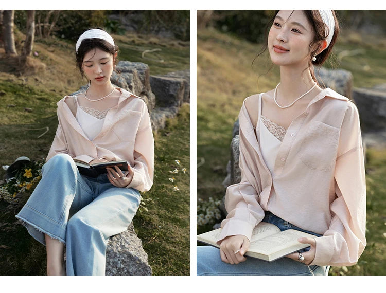 MISHOW Fake Two-Piece Blouse Turn-Down Collar Long Sleeve MXE16C0777