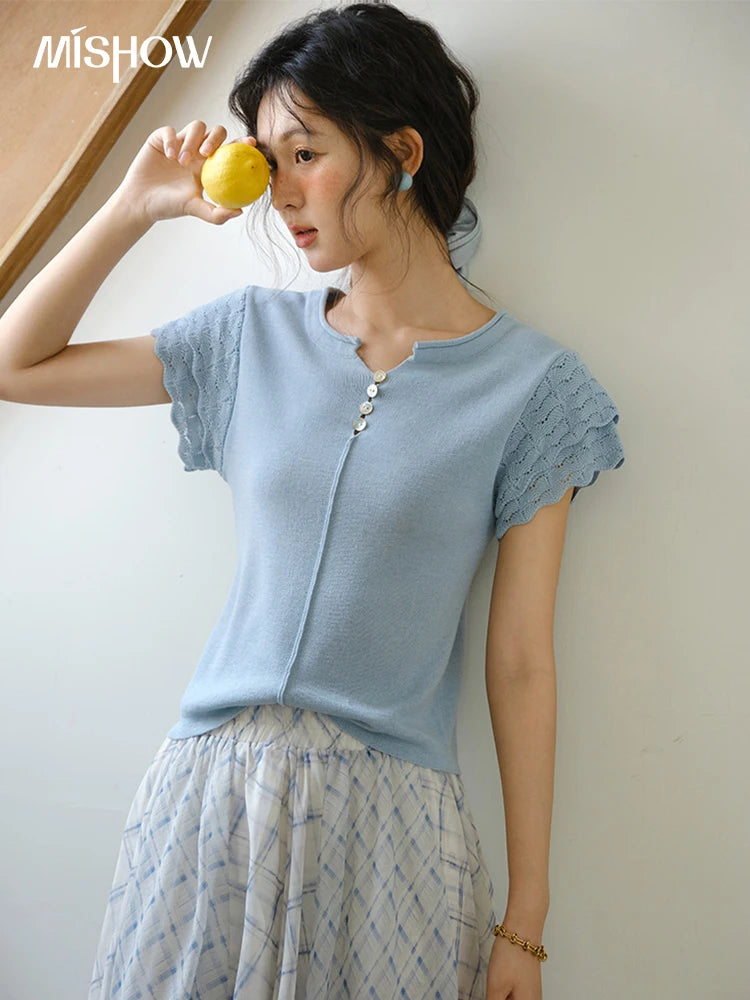 Mishow Blue Button O-Neck Wool Tee MXE34Z1262