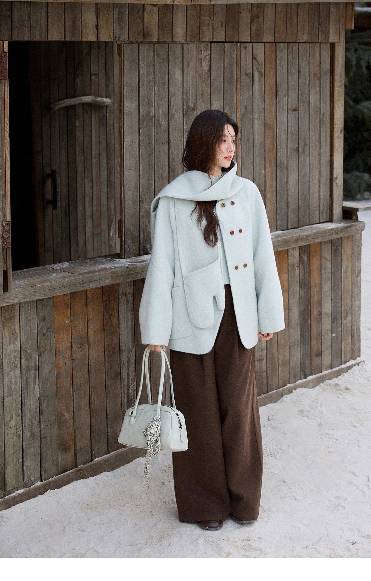 Mishow 100% Wool Mint Green Double-Faced Coat with Scarf & Gloves MXE92W1014