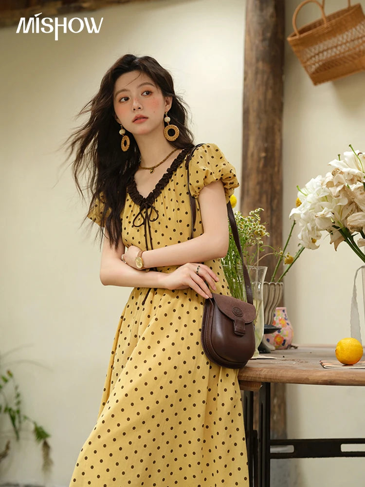 Mishow Polka Dot V-Neck Lace Up Puff Sleeve Dress MXE39L2326
