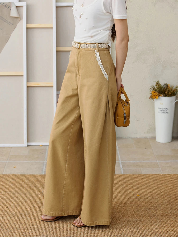 MISHOW Cotton Khaki Lace Patchwork Wide Leg Pants High Waist MXE34K0925