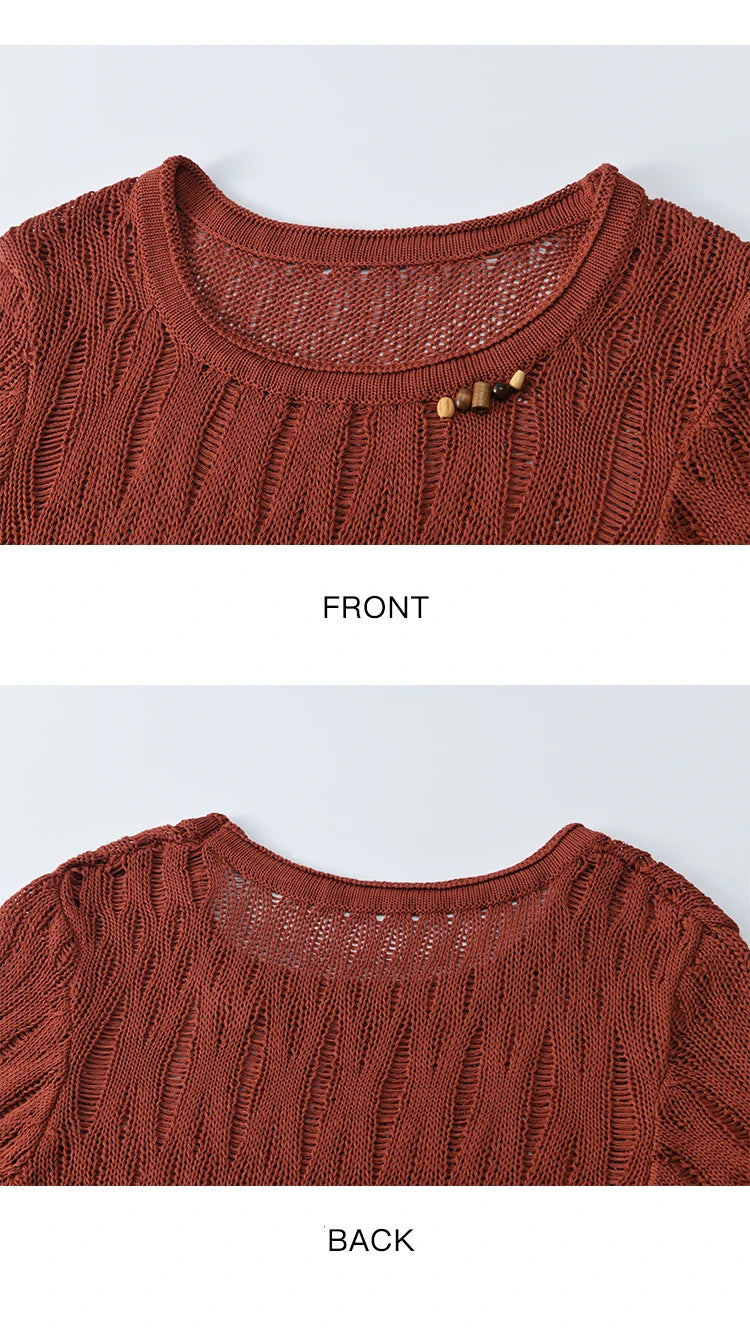 Mishow Retro Red Hollow Bead Knit Tee MXE35Z1271