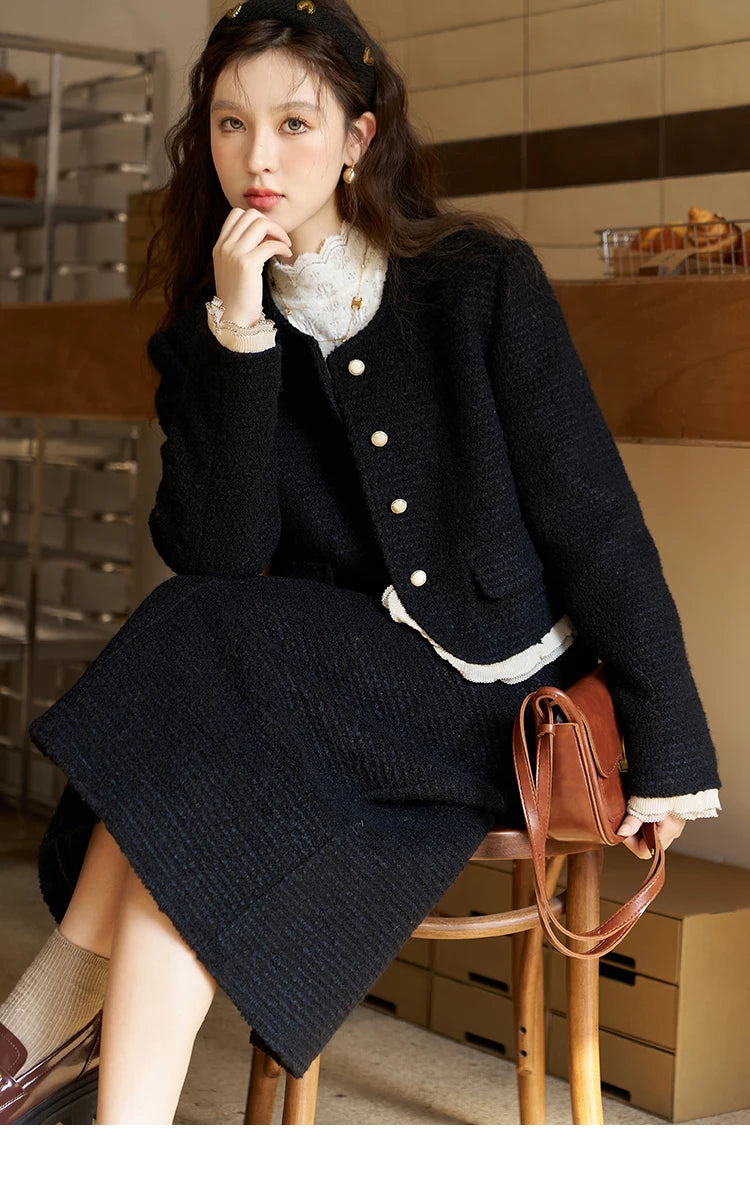 Mishow Wool Blend Short Coat & Rear Split A-Line Skirt Set MXC56W0162