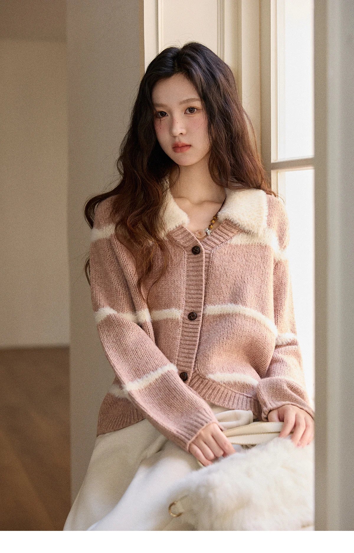 Mishow Faux Mink Turn-Down Collar Striped Cardigan MXE89Z2668