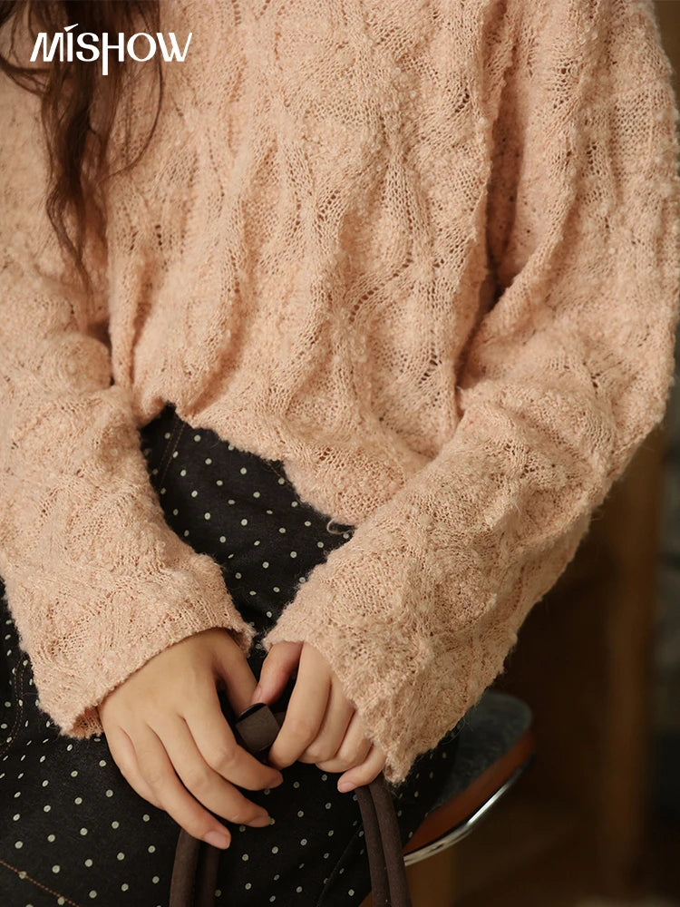 Mishow Bamboo Loop Yarn Hollow V-Neck Lace Sweater MXE43Z1349