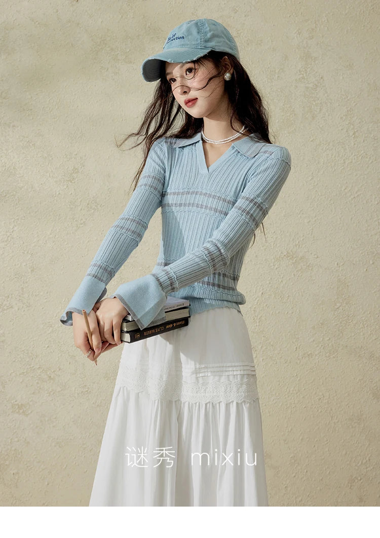 Mishow Contrast Color Striped V-Neck Trumpet Sleeve Top MXE13Z1141