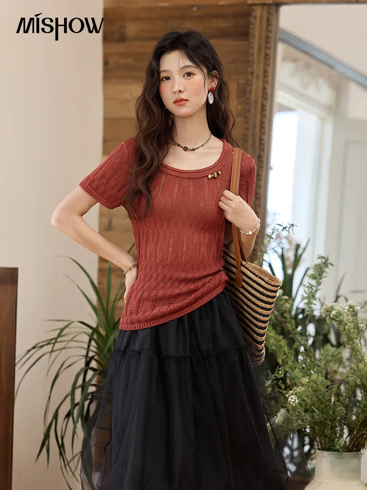 Mishow Retro Red Hollow Bead Knit Tee MXE35Z1271
