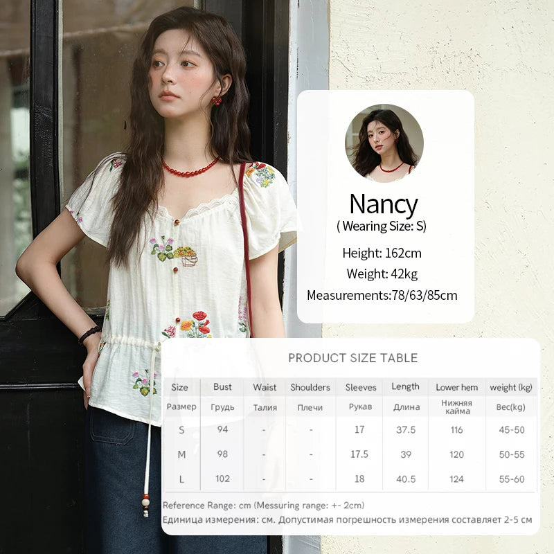 MISHOW Flower Embroidery Square Neck Lace Blouse MXE37X1895