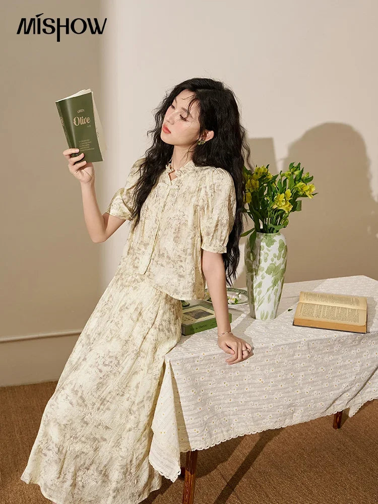 Mishow Chinese Embroidered Puff Sleeve Top & A-Line Skirt Set MXD24X1405