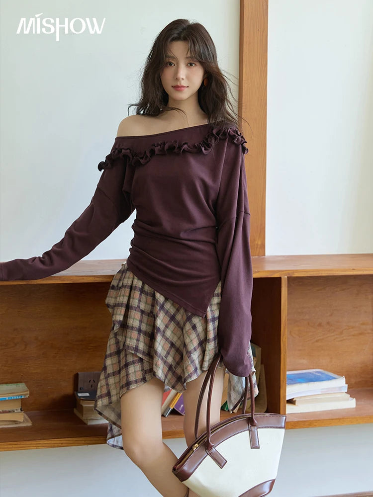 Mishow Purple Plaid Irregular Ruffle Hem Skirt MXE42B2395
