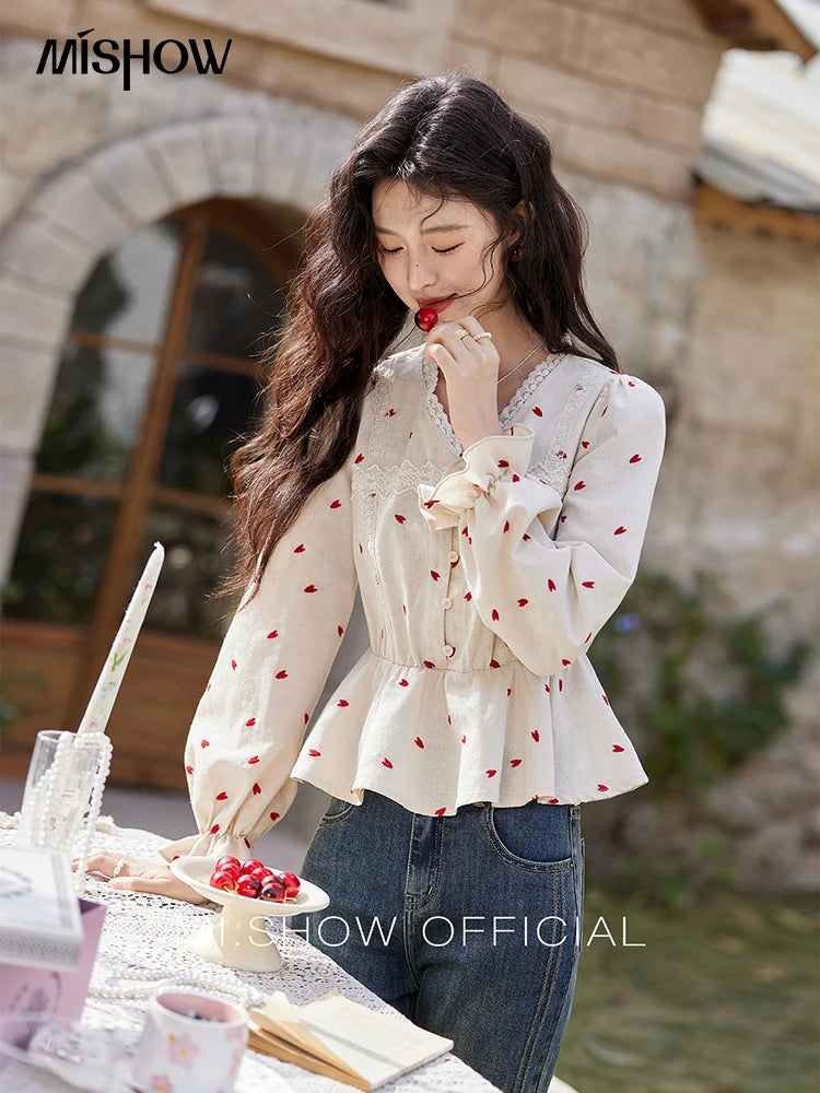 MISHOW Love Embroidered V-Neck Blouse Waist Ruffle MXE13X1700