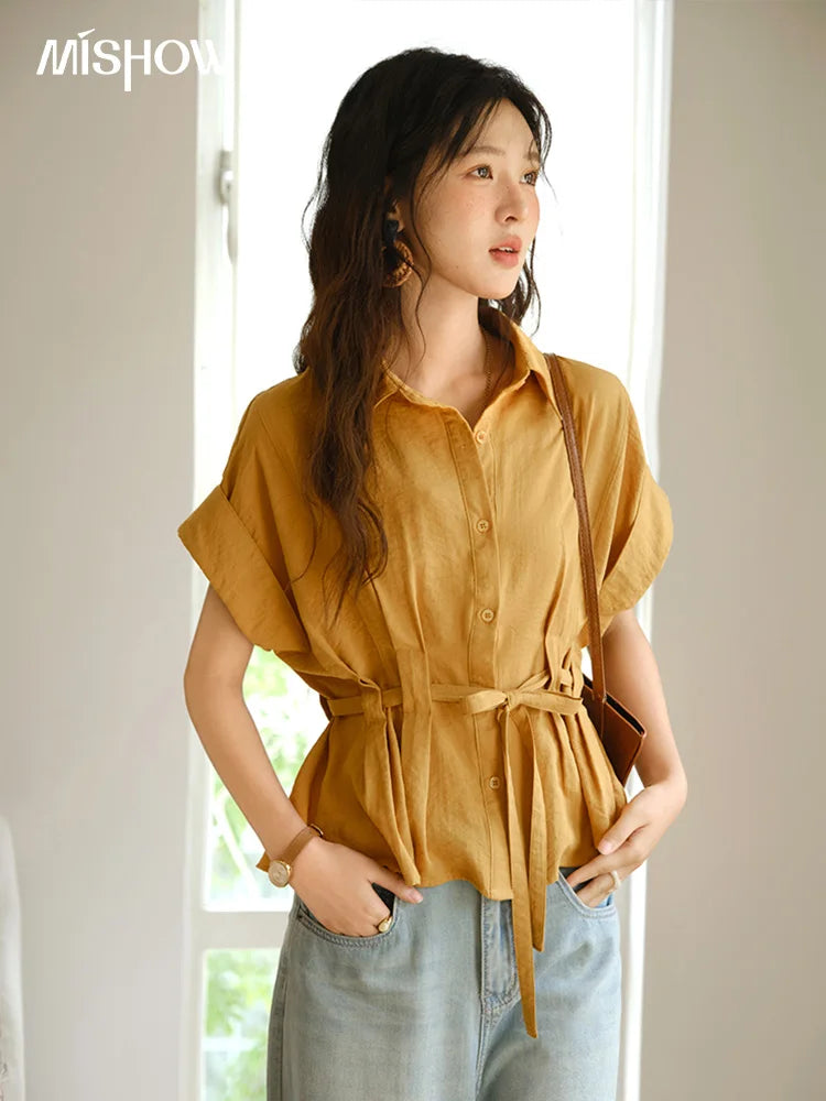 MISHOW Orange Lace Up Button Shirt Turn-Down Collar MXE37C0809