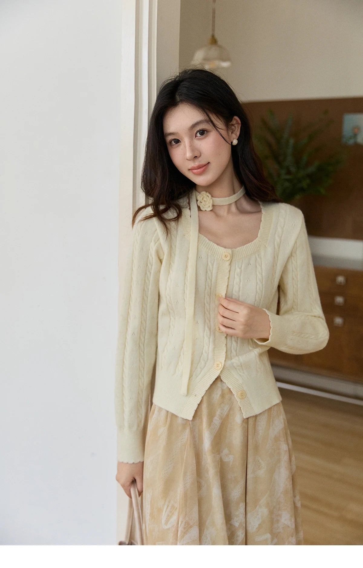 Mishow Beige Cable Knit Square Neck Cardigan MXF11Z2903