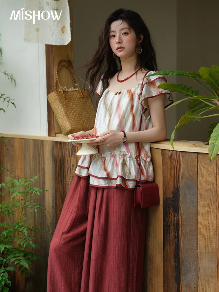 MISHOW Retro Stripe Print Blouse O-Neck Butterfly Sleeve MXE38X1862