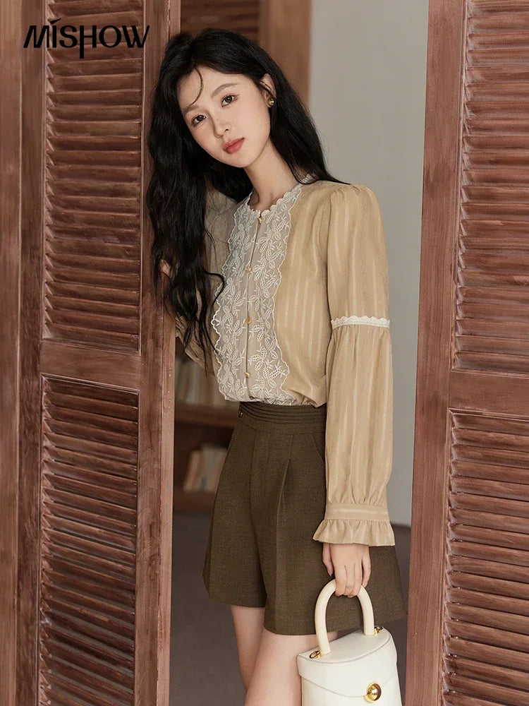 MISHOW Mesh Embroidery Blouse Lace Collar Lantern Sleeve MXD47X1664