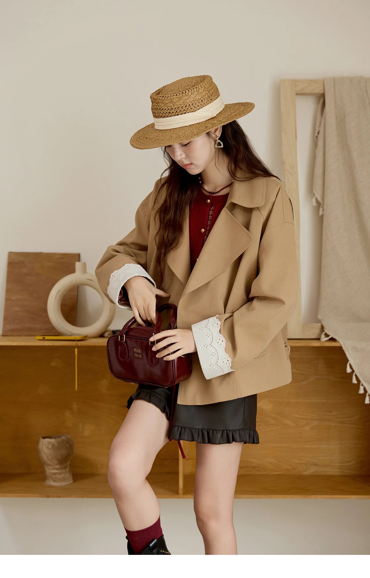 Mishow Red Fake Two-Piece Plaid Patchwork Cardigan MXE45Z2483