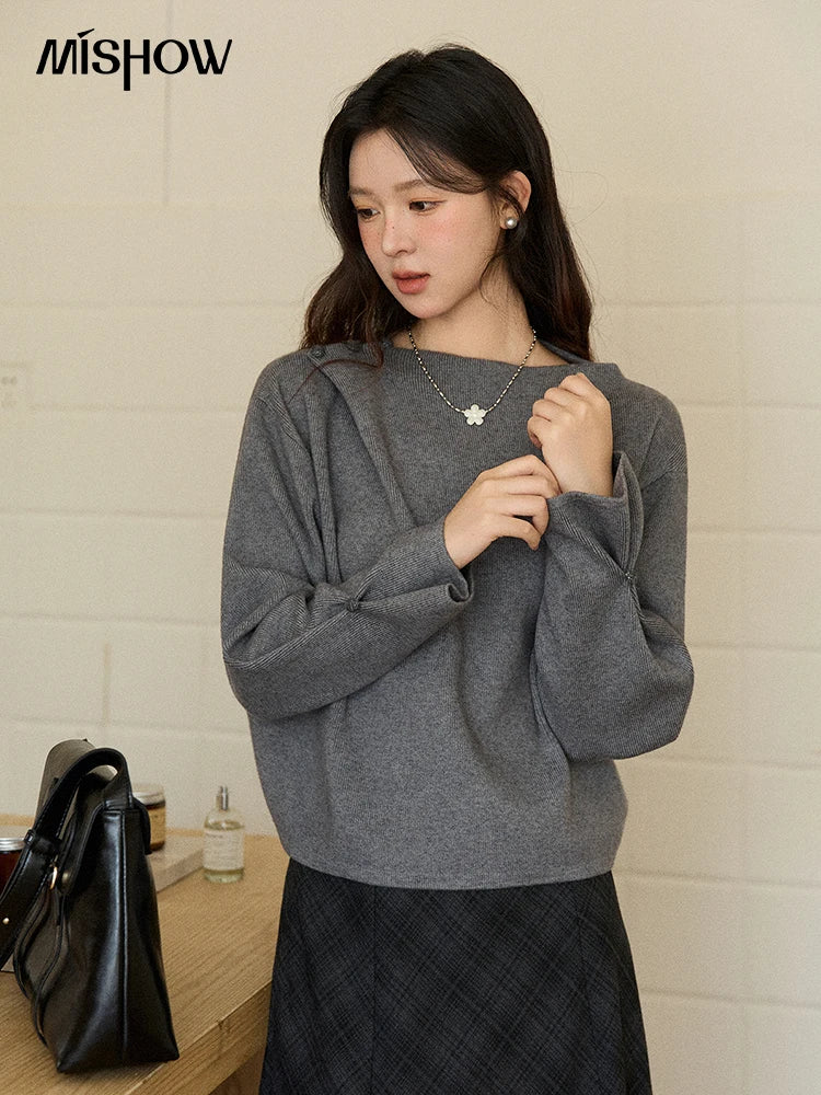 Mishow Gray French Diagonal Placket Knit Pullover MXE86Z2744