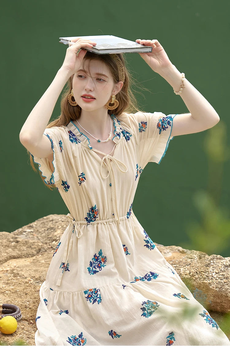 Mishow French Embroidered Flower Drawstring Dress MXD24L1835