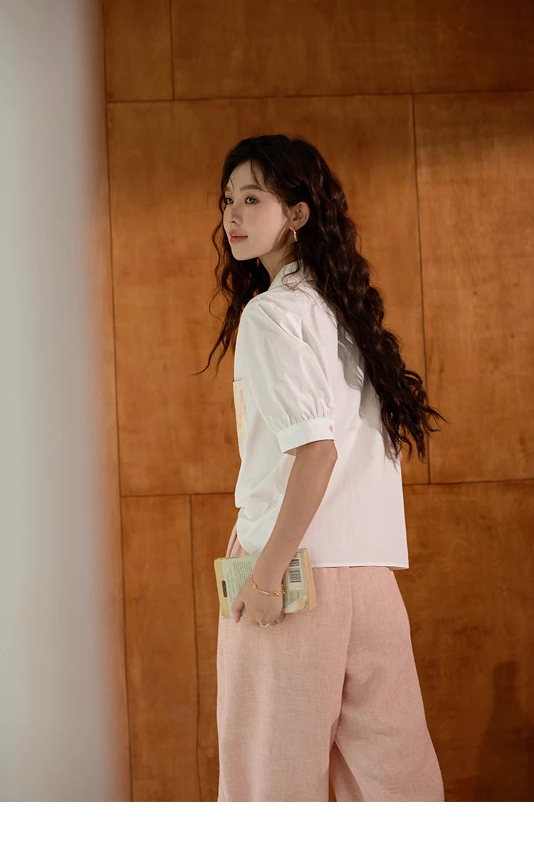 MISHOW Cotton Short Sleeve Shirt Embroidered Pocket Puff Sleeve MXD26C0243