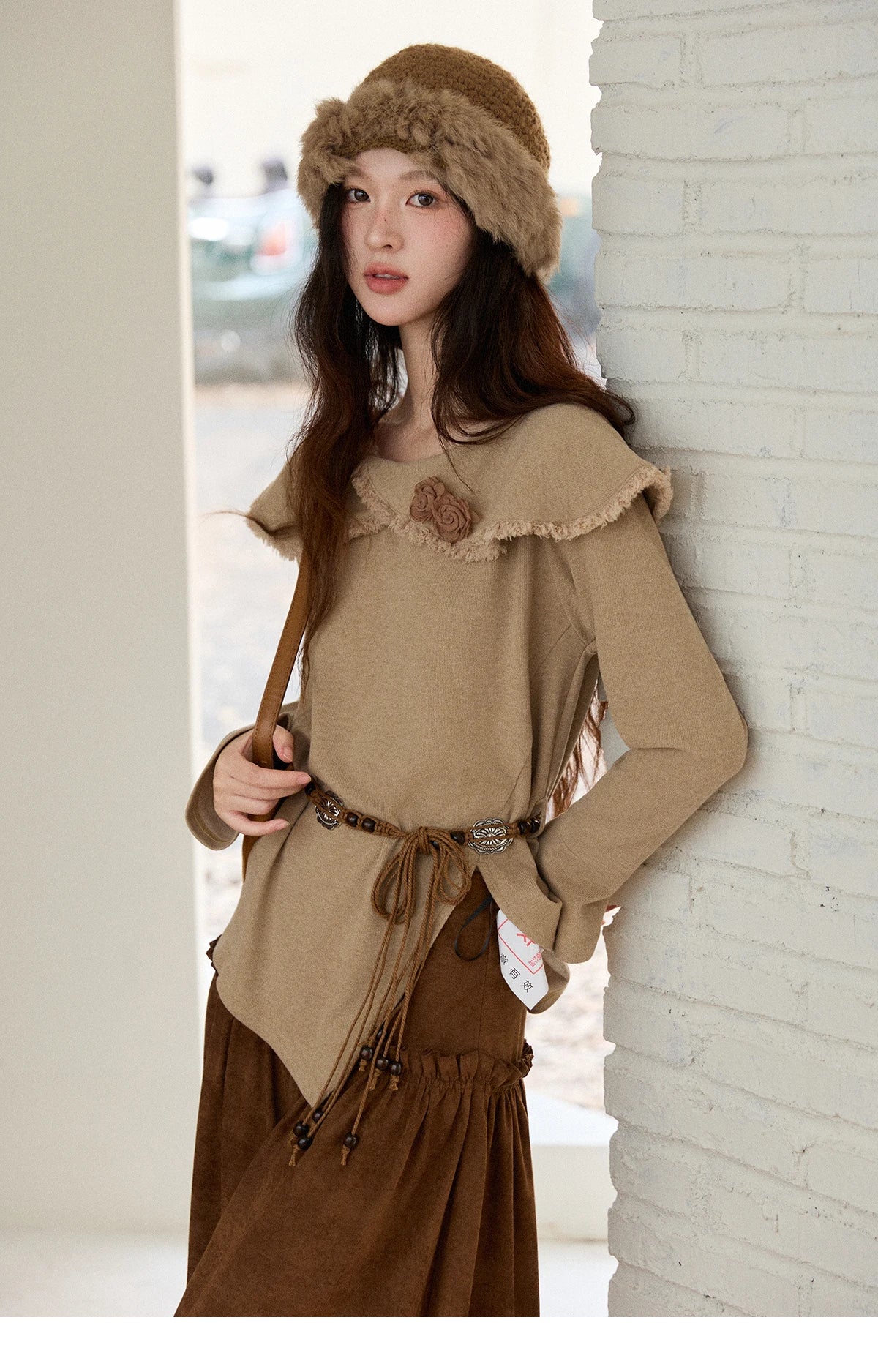 Mishow Retro Brown 3D Flower Decoration Round Neck Top MXE51Z2593