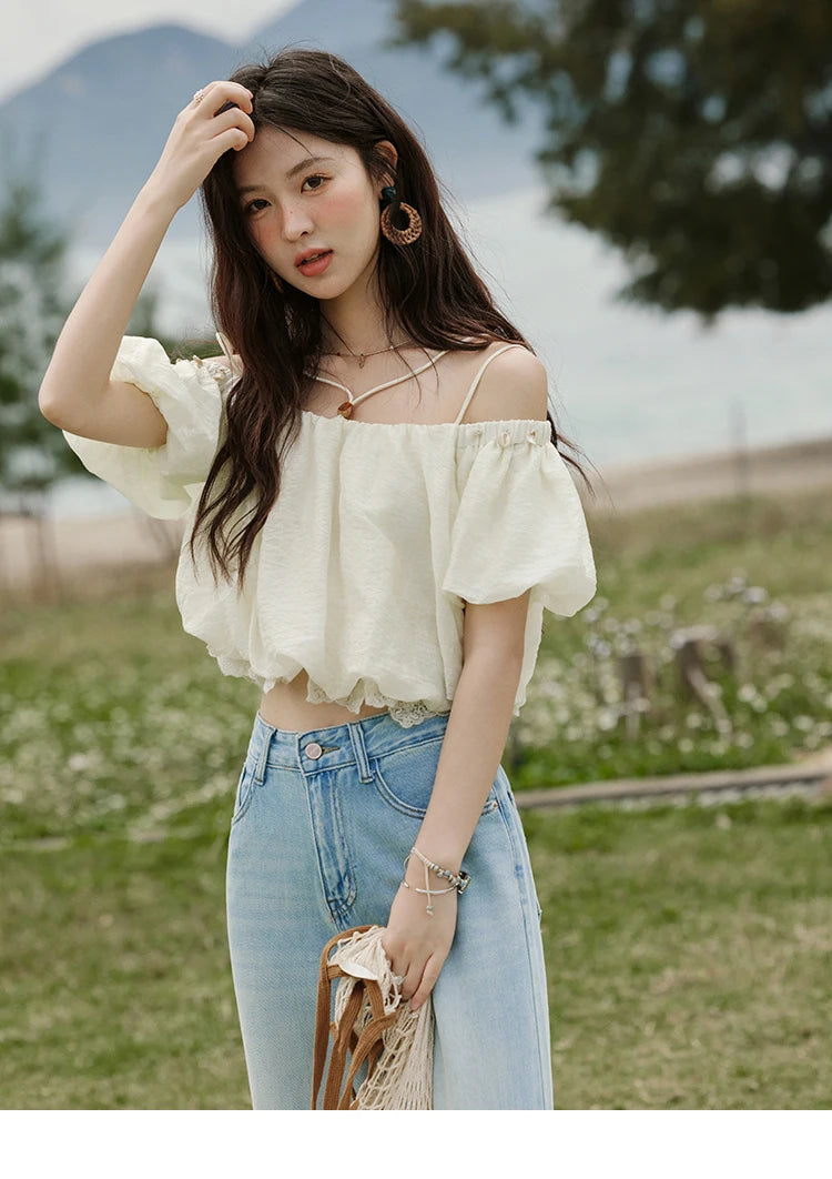 MISHOW French Camisole Shirt Off-Shoulder Lace Puff Sleeve MXE33X1755