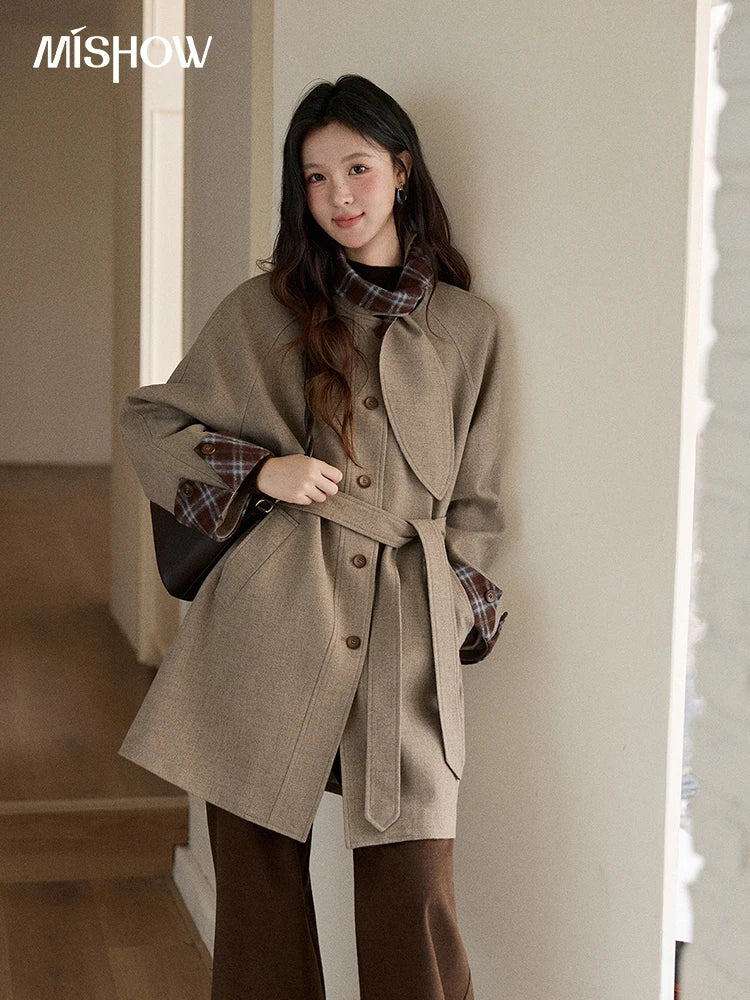 Mishow Retro British Plaid Rabbit Ear Tie Woolen Coat MXE90W0924