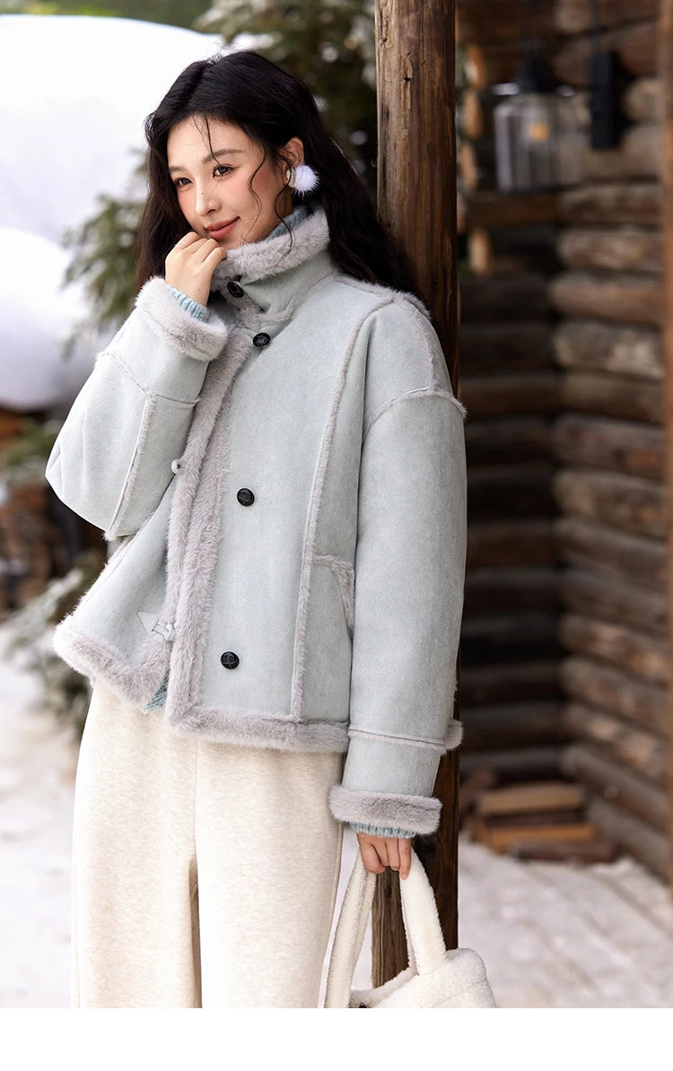 Mishow Suede Plush Fur Collar Jacket with Bag MXD57W0737